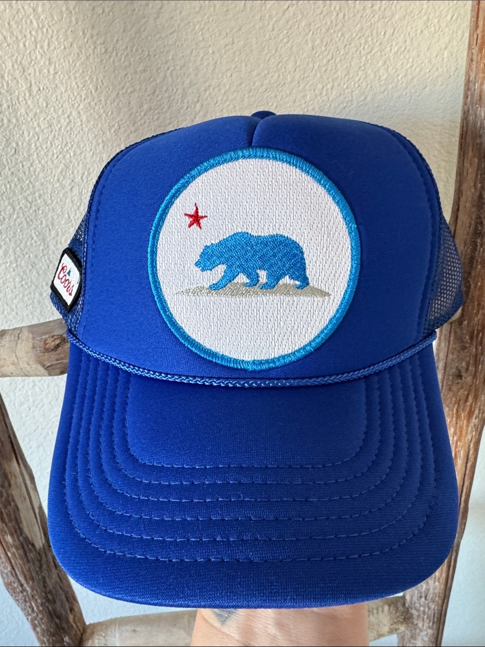 Blue Trucker Coors Hat with Bear Patch